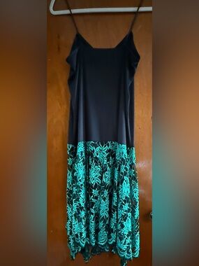 Vintage Pat Richards by Michael Maiello Black  Satin Green Lace Dress 80’s L